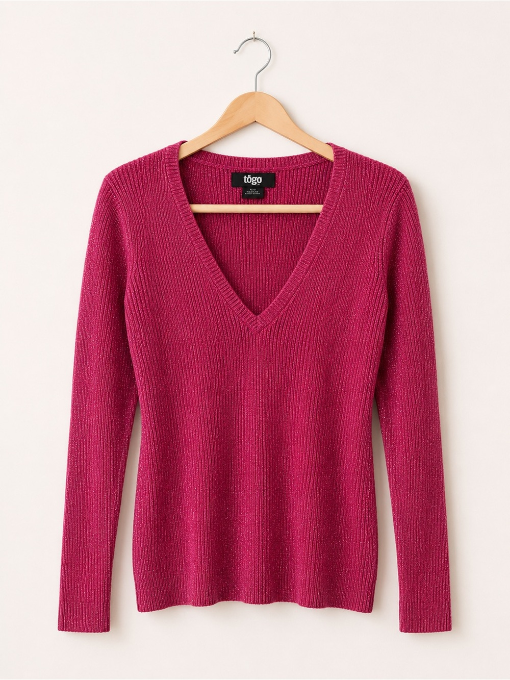 Togo Shimmer Rib Knit Sweater | Pink V-Neck | Size Large